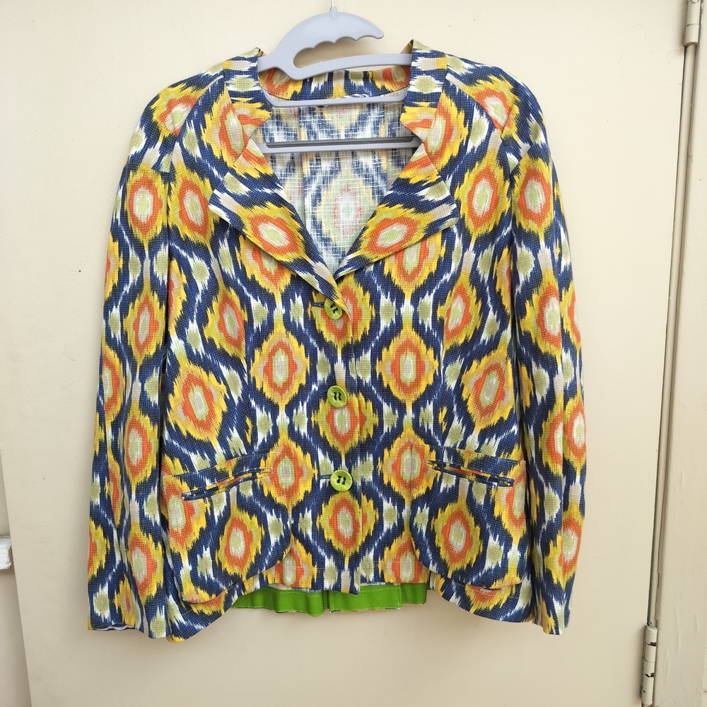 Sonia Bogner Colorful Bohemian Ikat Print Blazer Jacket with Green Buttons‎